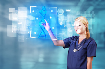 Doctor touching virtual screen with biology and genetic concept