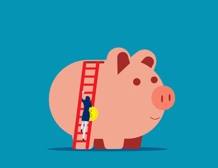 Businesswoman deposit coin in piggy bank. Concept business vector illustration, Banking, Financial, Saving