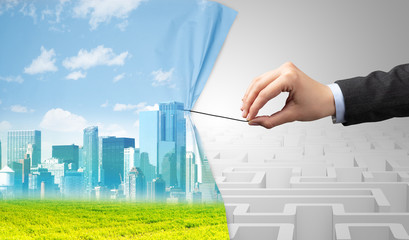 Hand pulling paper curtain, changing scene concept
