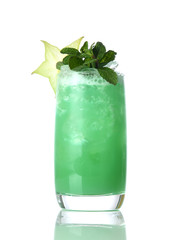 Yellow green mojito cocktail decorated with star tropical fruit in high ball cocktails glass isolated on white 