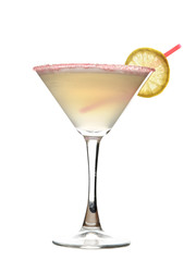 Yellow cosmopolitan cocktail decorated with citrus lemon and red straw