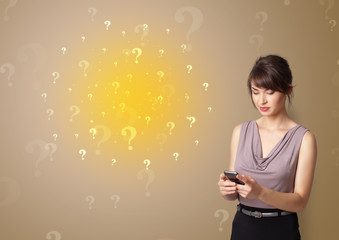 Young person presenting something with question sign concept

