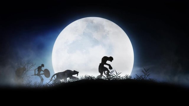Monster Silhouette Parade Full Moon 4K Loop features monstrous silhouettes marching through the grass before a low full moon in the mist 