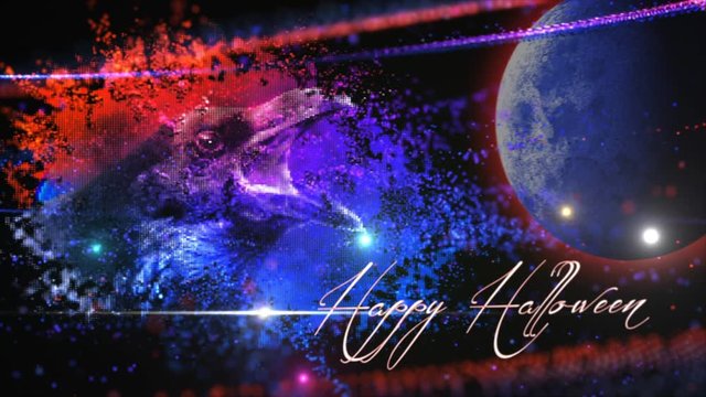 Particle Raven Happy Halloween 4k Loop features an image of a raven and moon pulled into screen in blue and red particles with a Happy Halloween message 