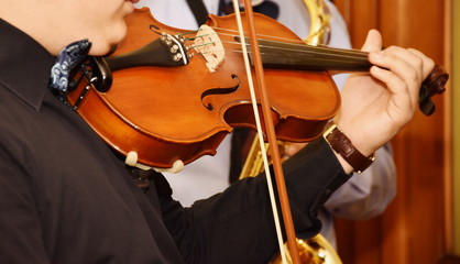  Close view of girls hand on violins strings
