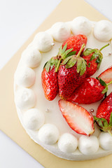 Delicious strawberry cake on white background