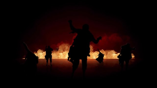 Zombie Fire Silhouette 4K features zombies silhouettes walking forward on a reflective surface with a raging fire in the background with one zombie caught behind the fire