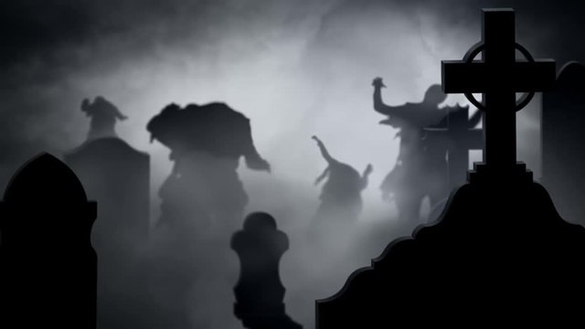 Zombie Silhouettes in a Foggy Graveyard 4k Loop features zombie silhouettes walking toward the viewer in a foggy graveyard