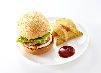 Tasty burger with french fries on a white background