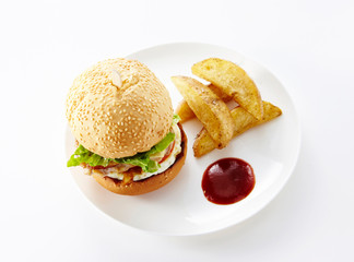 Tasty burger with french fries on a white background