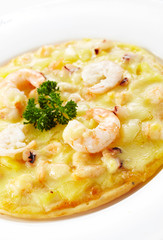Delicious seafood small pizza on white background