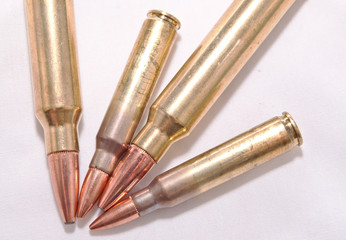 Four rifle bullets, two .223 caliber and two .300 Winchester Magnum caliber on a white background
