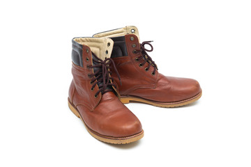 Male brown leather boot, footwear fashion isolated on white background.