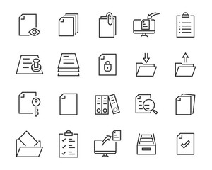set of document icons, such as files, checkmark, find, search, paper