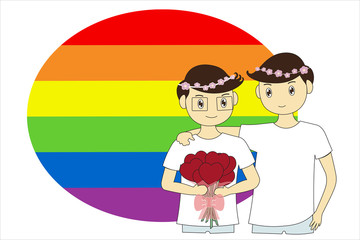Two young people are happy man standing and hugging each other and holding a bouquet of flowers with valentine's day. Isolated on white background. Flat cartoon and concept of homosexuality(LGBT).-EPS