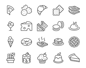 set of bakery icons, such as cake, doughnut,  bread, cheese, pie, tart