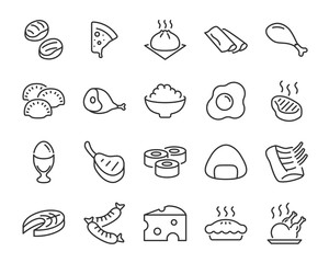 set of food icons ,such as sushi, rice, meat, boil egg, fish