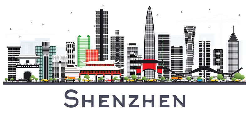 Shenzhen China City Skyline with Color Buildings Isolated on White.