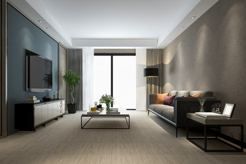 3d rendering luxury living room with wood floor and cabinet
