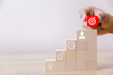 Businessmen laying blocks of wooden steps. Service concept of business to success Business strategy planning To market victory.