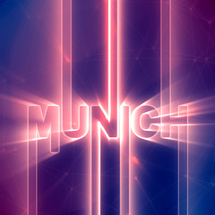 Munich city name in geometry style design. Creative vintage typography poster concept. Neon bulbs letters. Molecule and communication background. Connected lines with dots.