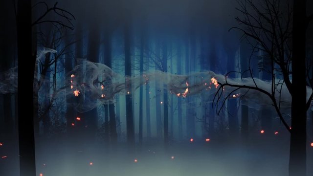 Ghostly Forest Welcome Reveal 4K Loop features a scary forest silhouette with a smoking skull flying through the scene leaving behind the word welcome, which the slowly dissolves in a loop 