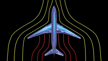Air flow around airplane body. 3d render  wind tunnel design concept . Top view