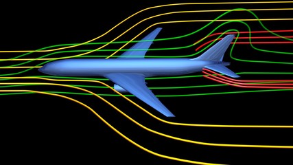 Air flow around airplane body. 3d render  wind tunnel design concept .Side view