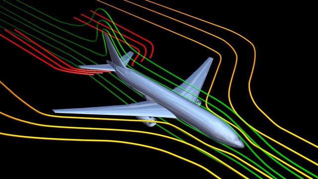 Air flow around airplane body. 3d render  wind tunnel design concept . Top front view