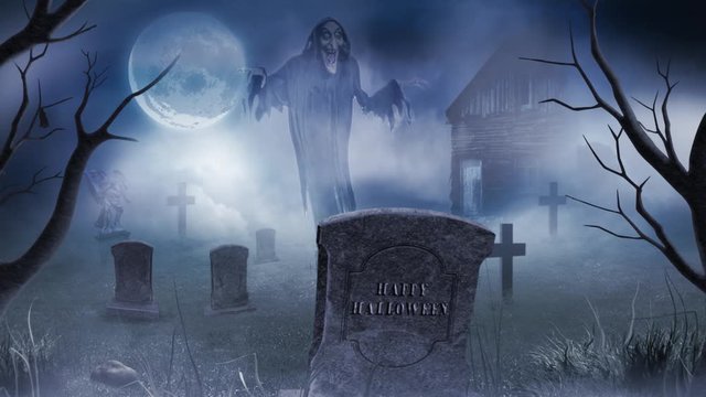 Ghostly Graveyard Happy Halloween in the Moonlight 4K features a ghost floating in a cemetery with fog and clouds and full moon with Happy Halloween on a tombstone.