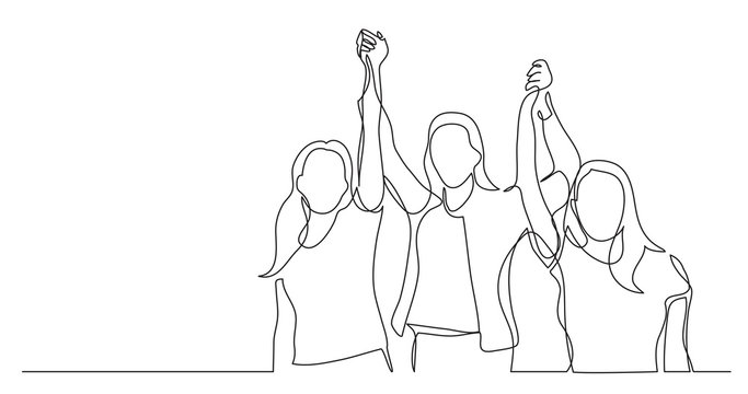 Women Team Of Winners Holding Hands - One Line Drawing