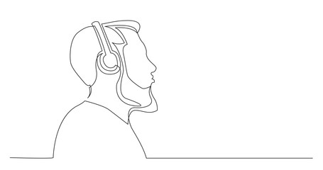 profile portrait of bearded man in headphones - continuous line drawing on white background