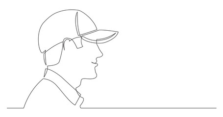 profile portrait of smiling man in baseball cap - continuous line drawing on white background