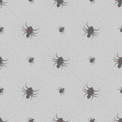seamless pattern Spiders on Webs on gray background. halloween print