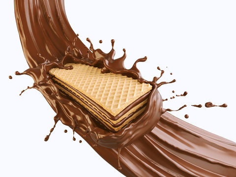 crispy wafer with chocolate Splash, with Clipping path 3d illustration