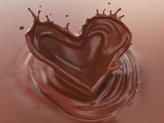 Chocolate Splash In Heart Shape, Love of Valentine's day celebration, 3d illustration.