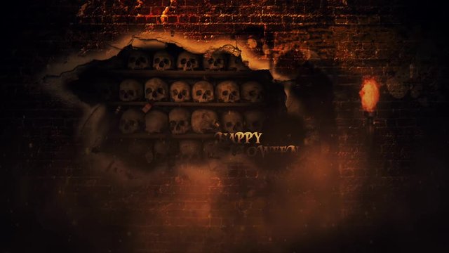 Happy Halloween Brick Wall Grim Reaper 4K Loop features the shadow of the grim reaper on a brick wall with fire and smoke in the atmosphere and the wall exploding to say Happy Halloween