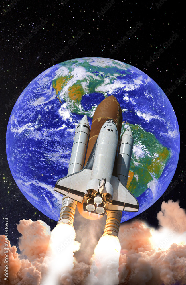 Aufkleber space shuttle launch in the open space over the earth. spaceship taking off on a mission. elements o