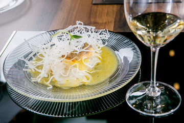 Halibut with mango sauce and rice noodles. Master class in the kitchen. The process of cooking. Step by step. Tutorial. Close-up