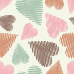 Seamless pattern with decorative hearts with a dashed texture. Valentine's day. Vector illustration. Can be used for wallpaper, textile, invitation card, web page background.