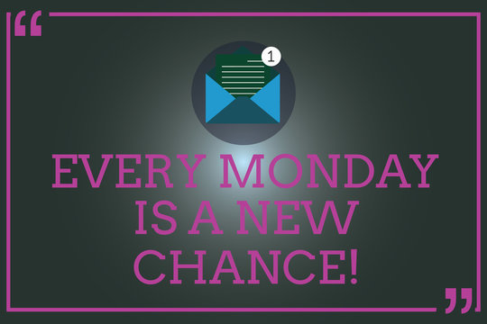 Writing note showing Every Monday Is A New Chance. Business photo showcasing Start your week with positivism Motivation Open Envelope with Paper Email Message inside Quotation Mark