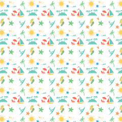 Seamless summer pattern with summer elements including sea wave, sea shell, watermelon, surfing, sail boat, hand-drawn illustration seamless pattern background vector format