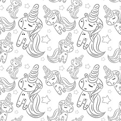 Vector pattern with cute unicorns, clouds,rainbow and stars. Magic background with little unicorns.