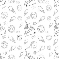 Vector pattern with cute cake, cice cream, donut and stars. Magic hand draw background