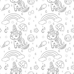 Vector pattern with cute unicorns, clouds,rainbow and stars. Magic background with little unicorns.