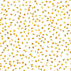 Seamless gold star confetti rain festive pattern effect. Golden volume stars falling down isolated on white background. EPS 10