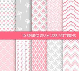 Ten spring seamless patterns. Romantic pink backgrounds for Valentine's or Mother's day. Endless texture for wallpaper, web page, wrapping paper. Retro love style. Wave, flower, curl, heart, tile