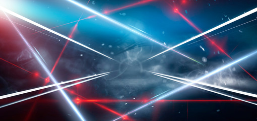 Dark room, a tunnel, a corridor with rays of light and a red laser beam of red color, smoke, smog,...