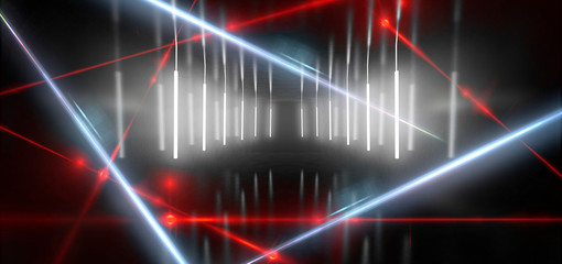 Dark room, a tunnel, a corridor with rays of light and a red laser beam of red color, smoke, smog, dust. Abstract dark blue background with light effect, neon.