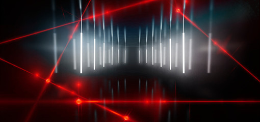 Dark room, a tunnel, a corridor with rays of light and a red laser beam of red color, smoke, smog,...